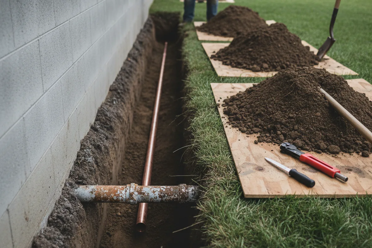 Excavated water line trench during Sewer Line Repair in Staples